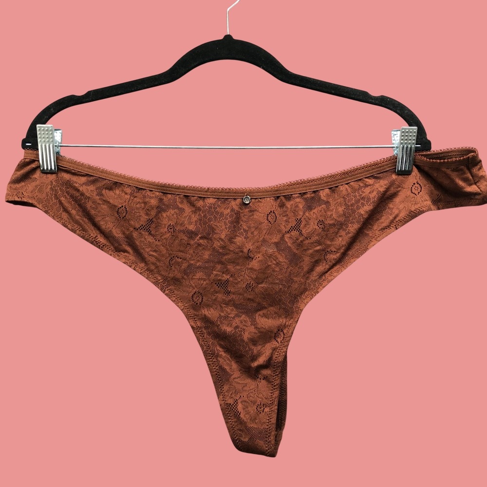 NWT Adore Me Cappuccina Thong Womens 3X Brown Lace Sheer Mesh Plus Size Lingerie